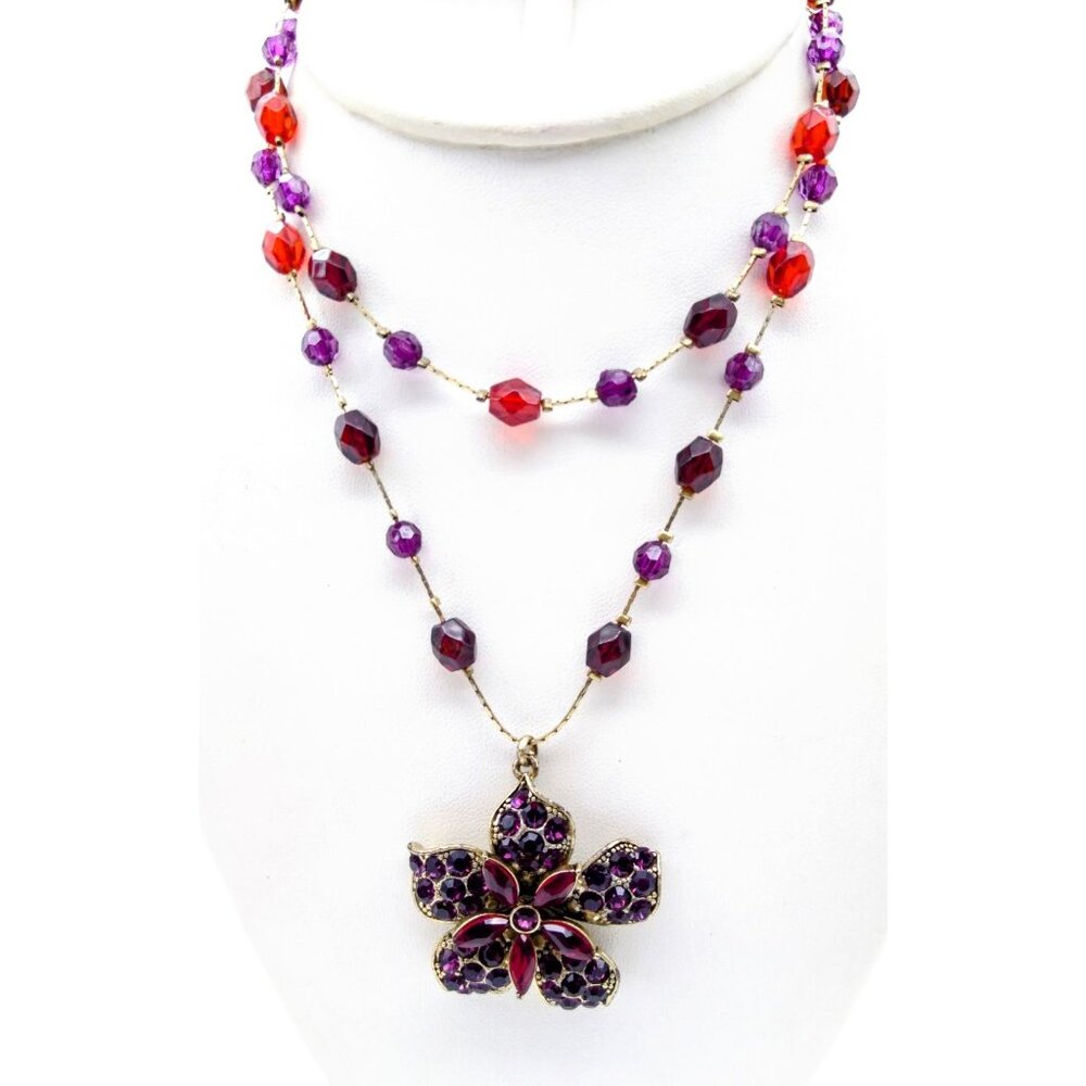 Liz Claiborne Flower Pendant Necklace, Vintage Choker with Red and Purple Beaded
